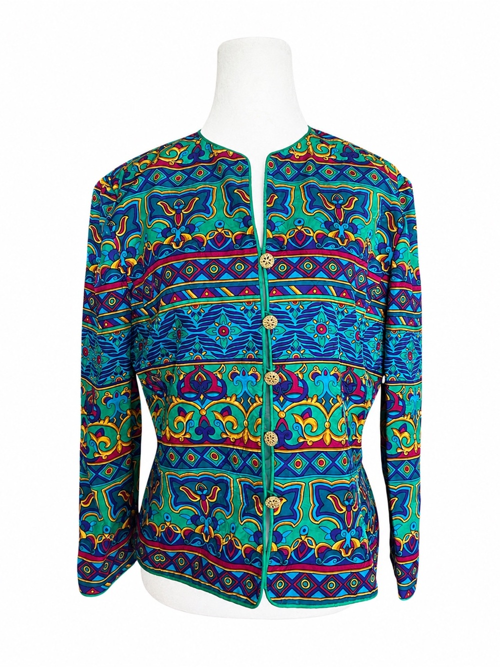 VTG Papell Petites Silk Jacket 10P Geometric Jewel Tone Baroque Button Blazer